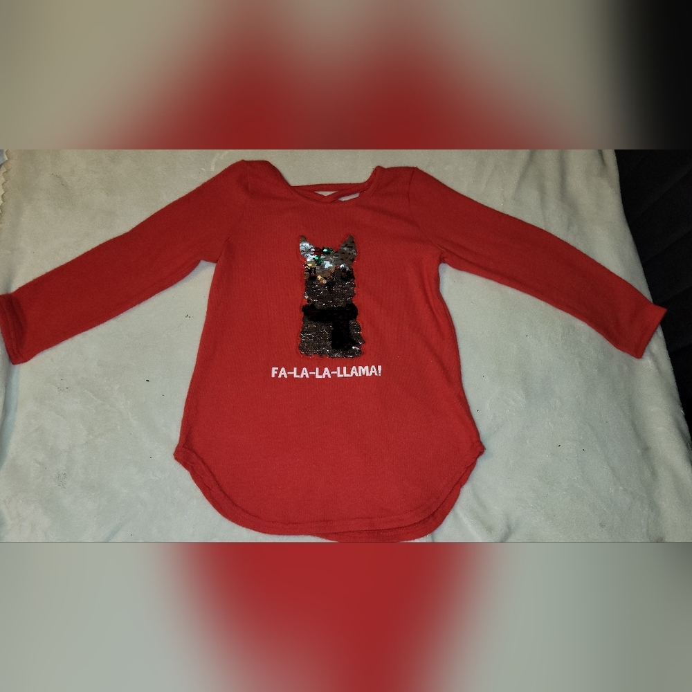 Red Kids Shirt with Sequin Llama Design Size L